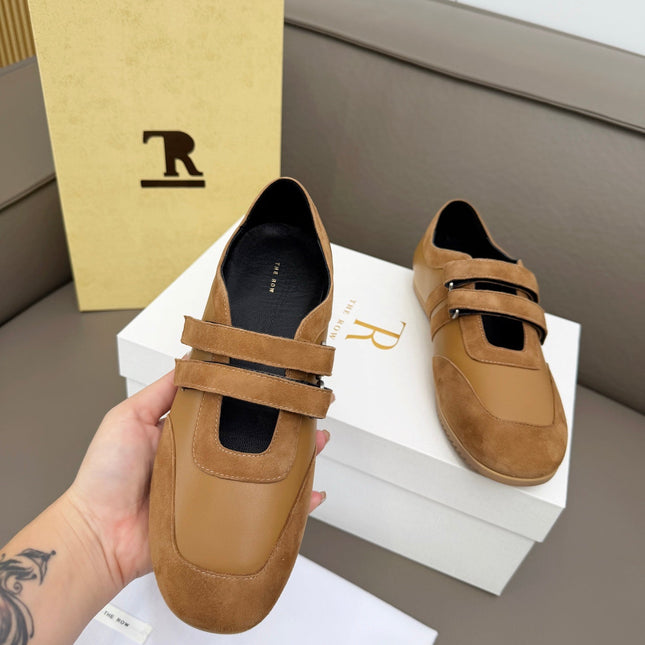 THE ROW 26S DOUBLE STRAP MARY JANE SNEAKERS IN CAMEL BROWN CALFSKIN AND SUEDE