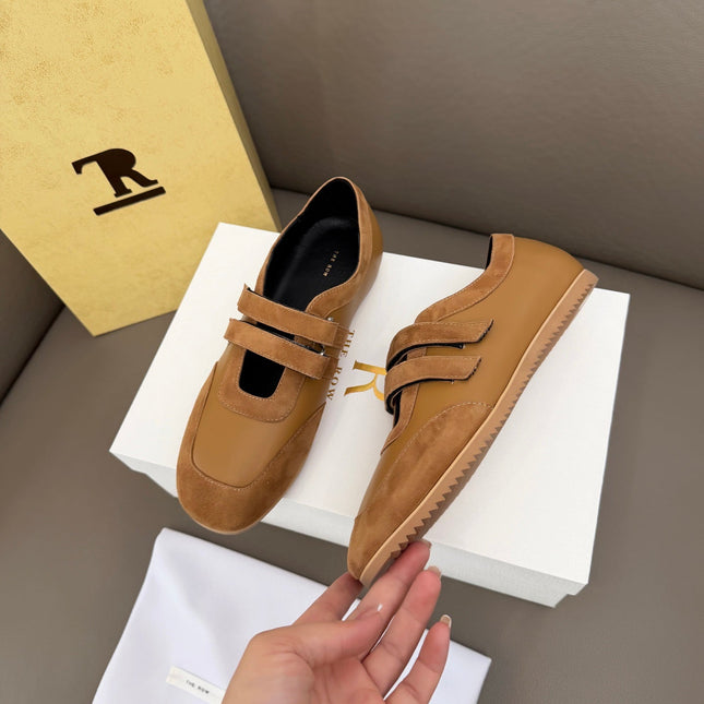 THE ROW 26S DOUBLE STRAP MARY JANE SNEAKERS IN CAMEL BROWN CALFSKIN AND SUEDE