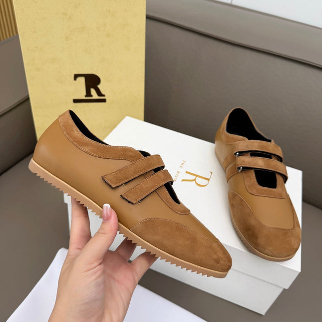 THE ROW 26S DOUBLE STRAP MARY JANE SNEAKERS IN CAMEL BROWN CALFSKIN AND SUEDE