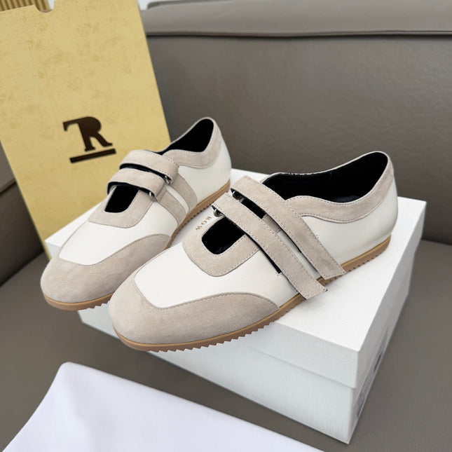 THE ROW 26S DOUBLE STRAP MARY JANE SNEAKERS IN WHITE CALFSKIN AND LIGHT GREY SUEDE