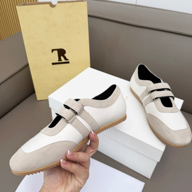 THE ROW 26S DOUBLE STRAP MARY JANE SNEAKERS IN WHITE CALFSKIN AND LIGHT GREY SUEDE
