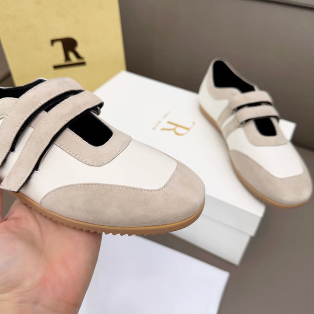 THE ROW 26S DOUBLE STRAP MARY JANE SNEAKERS IN WHITE CALFSKIN AND LIGHT GREY SUEDE