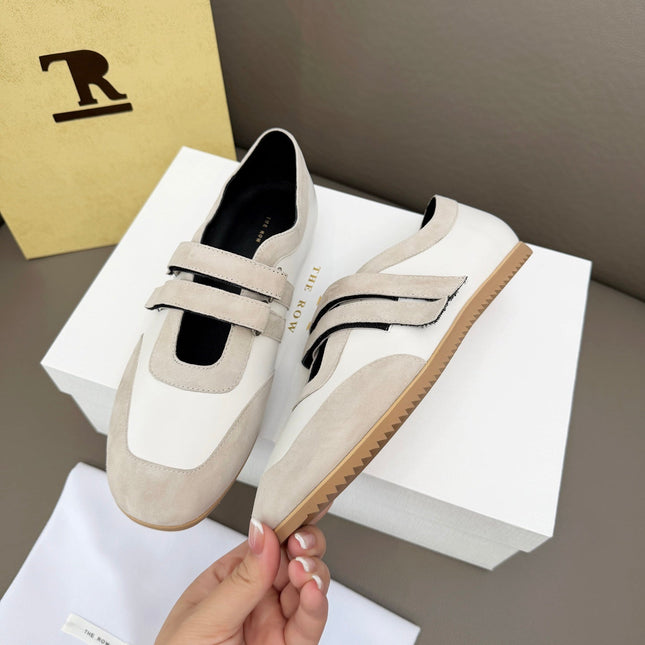 THE ROW 26S DOUBLE STRAP MARY JANE SNEAKERS IN WHITE CALFSKIN AND LIGHT GREY SUEDE