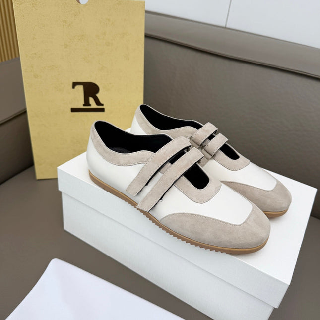 THE ROW 26S DOUBLE STRAP MARY JANE SNEAKERS IN WHITE CALFSKIN AND LIGHT GREY SUEDE