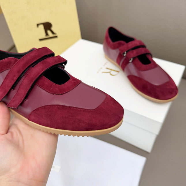 THE ROW 26S DOUBLE STRAP MARY JANE SNEAKERS IN BURGUNDY RED CALFSKIN AND SUEDE