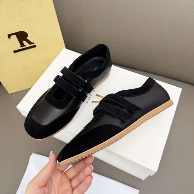 THE ROW 26S DOUBLE STRAP MARY JANE SNEAKERS IN BLACK CALFSKIN AND SUEDE