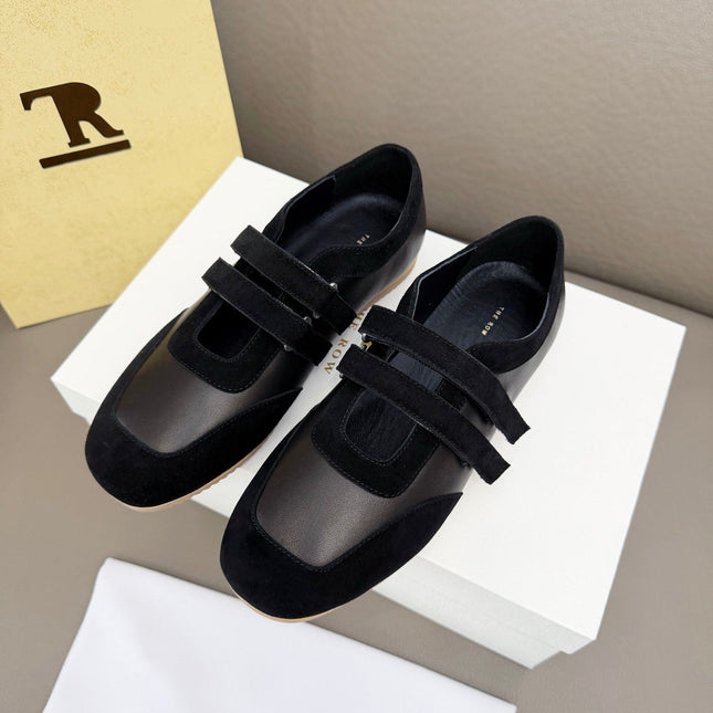 THE ROW 26S DOUBLE STRAP MARY JANE SNEAKERS IN BLACK CALFSKIN AND SUEDE