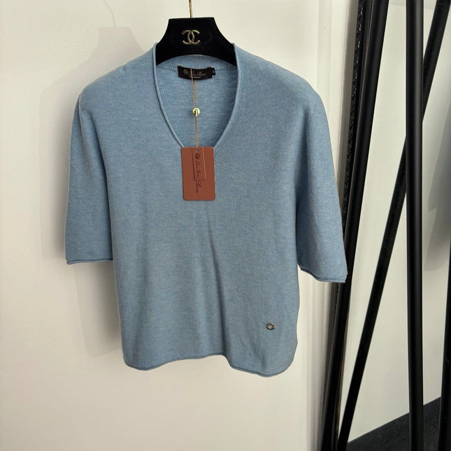 LORO PIANA 26S SHORT-SLEEVE V-NECK KNIT TOP 922
