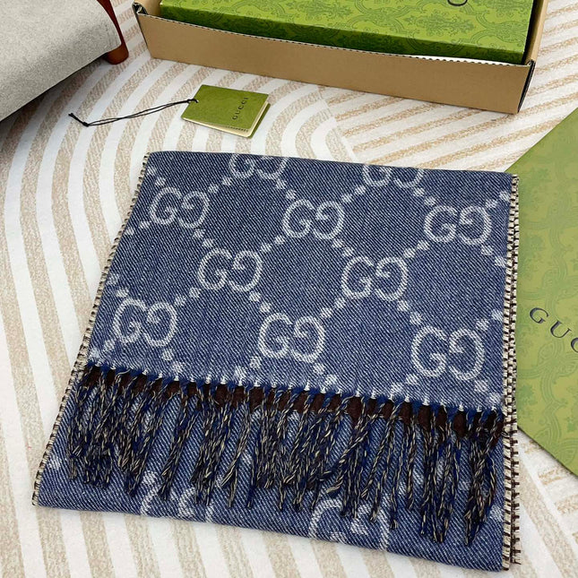GG JACQUARD WOOL SCARF DENIM BLUE MIX COFFEE BROWN 398286