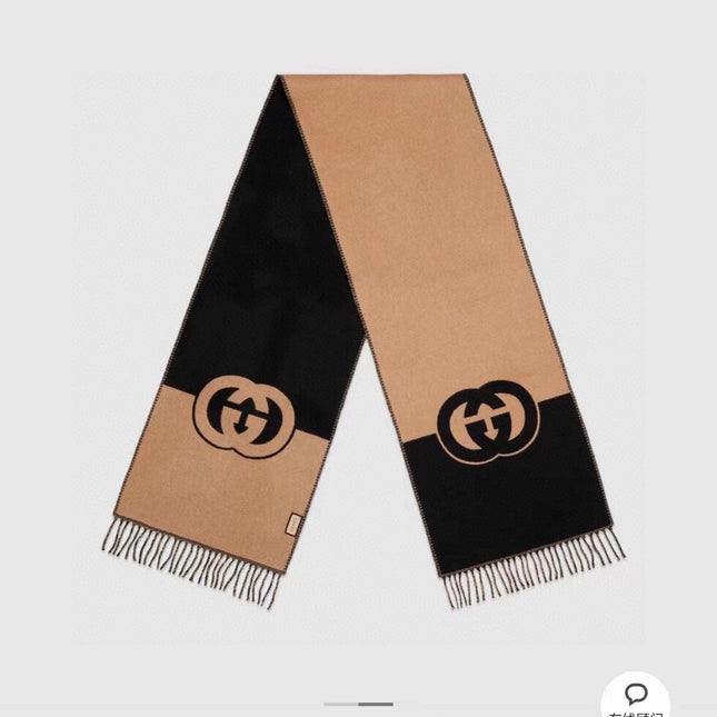 CAMEL BEIGE AND BLACK WOOL WITH INTERLOCKING G SCARF 200 CM