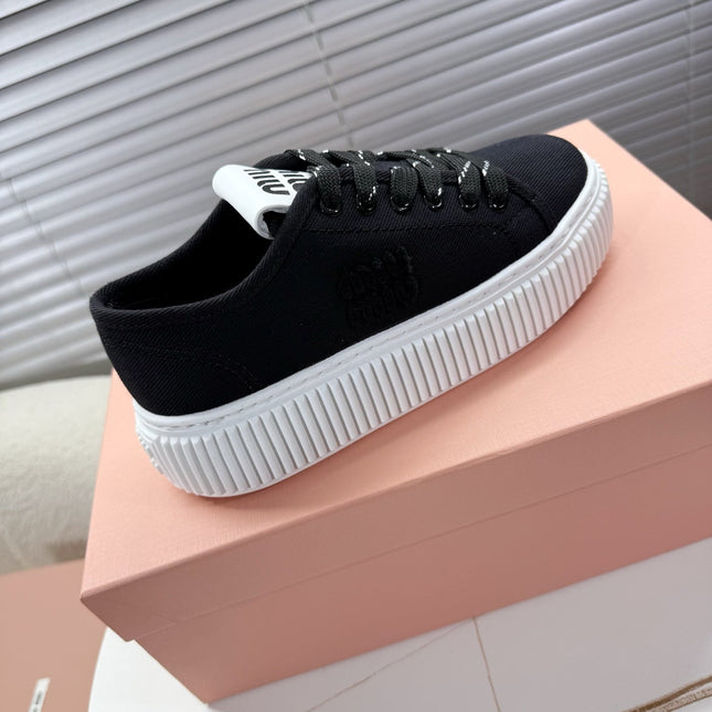 MIUMIU 26S PLATFORM SNEAKERS IN BLACK CANVAS