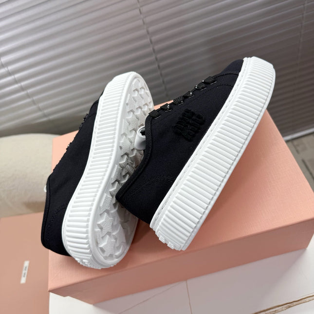 MIUMIU 26S PLATFORM SNEAKERS IN BLACK CANVAS