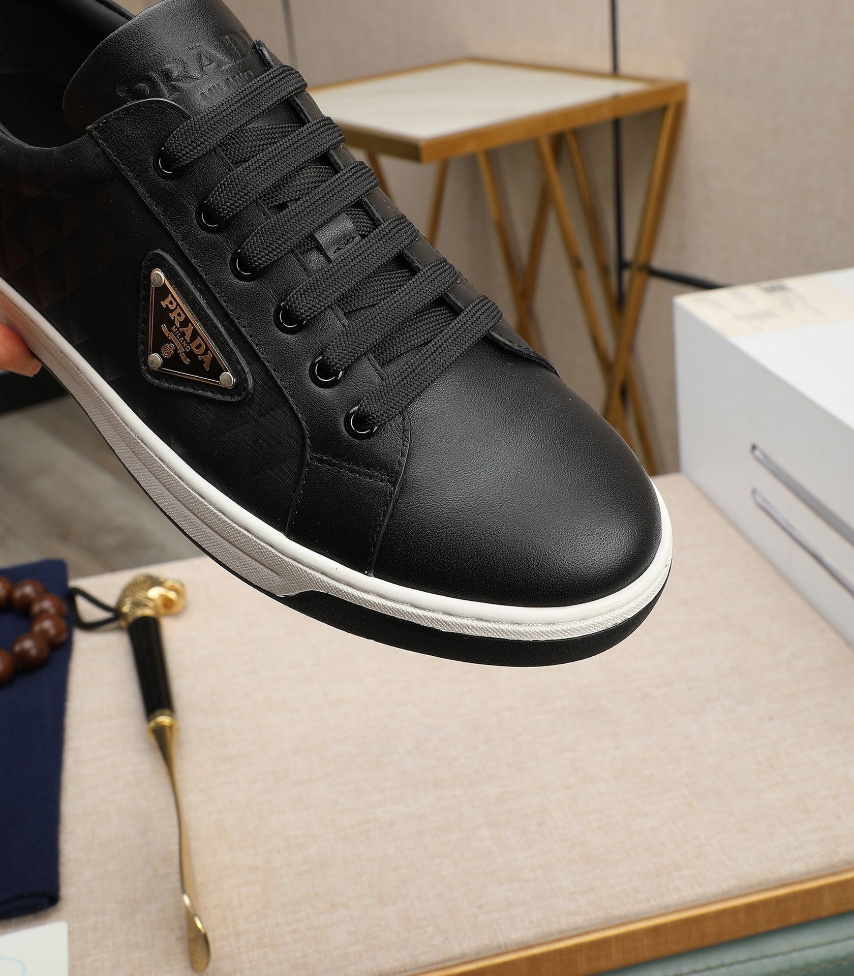 PRA RE-NYLON SNEAKERS IN BLACK MIX WHITE LEATHER AND FABRIC