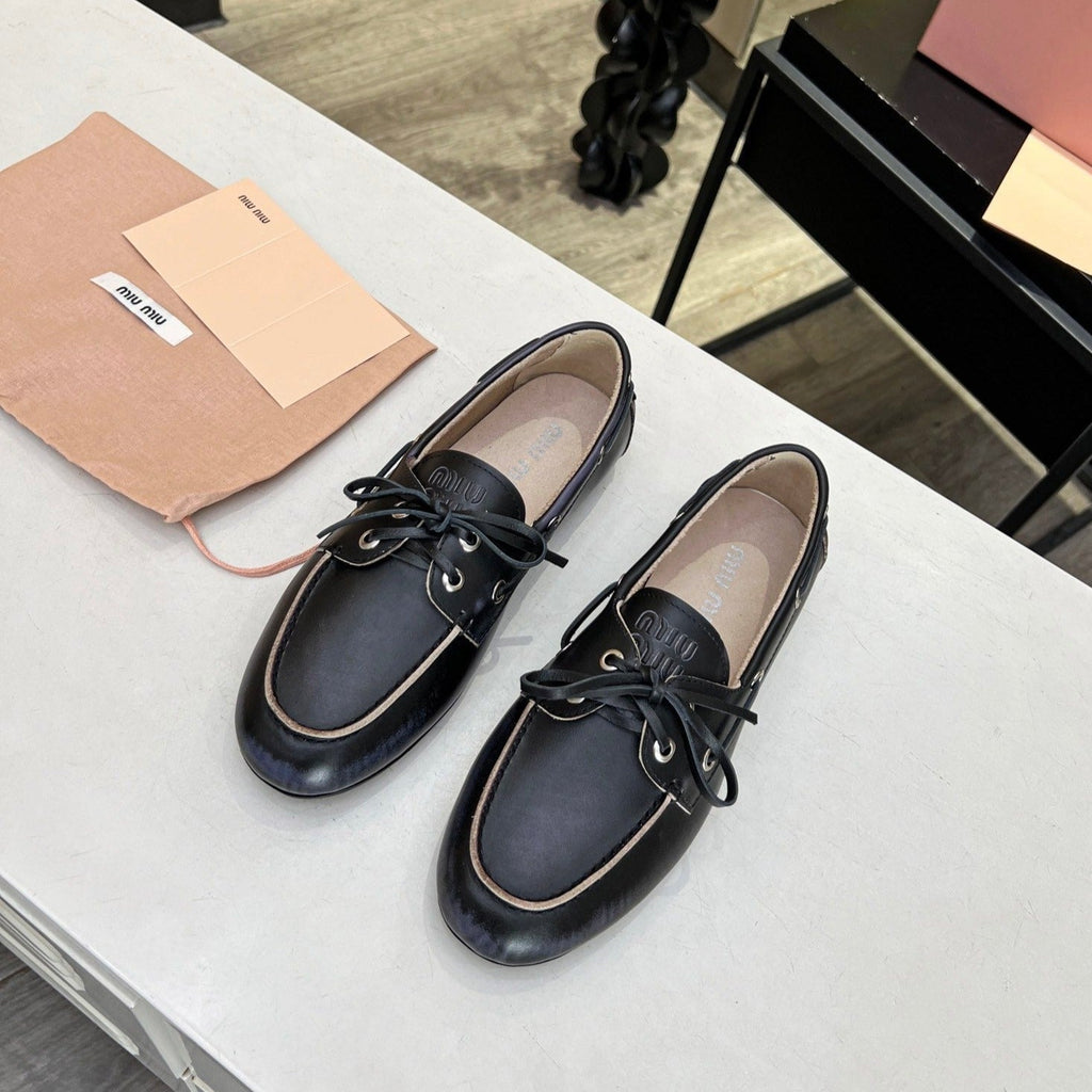 Lace-up Retro Loafers Black Cowhide