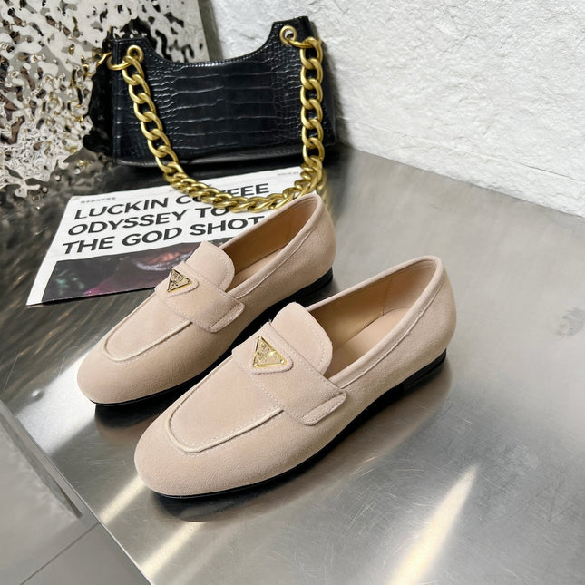 PRADA 26S CLASSIC LOAFERS IN NUDE BEIGE LOGO SUEDE