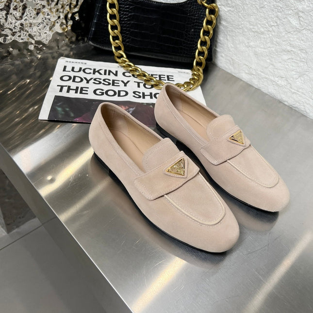 PRADA 26S CLASSIC LOAFERS IN NUDE BEIGE LOGO SUEDE