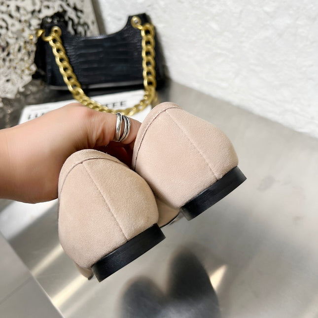 PRADA 26S CLASSIC LOAFERS IN NUDE BEIGE LOGO SUEDE