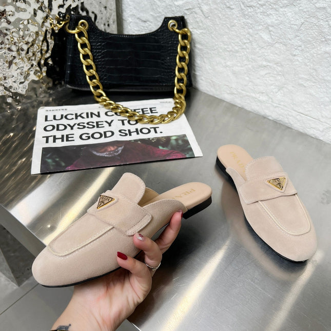 PRADA 26S MULE LOAFERS IN NUDE BEIGE SUEDE WITH LOGO
