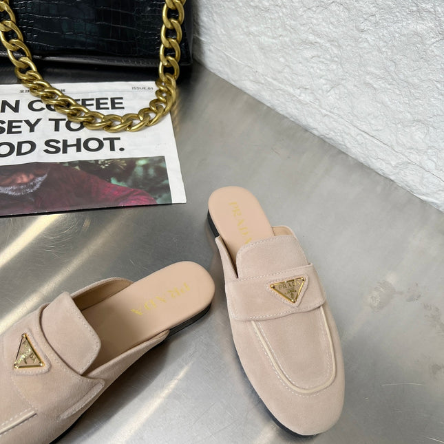PRADA 26S MULE LOAFERS IN NUDE BEIGE SUEDE WITH LOGO