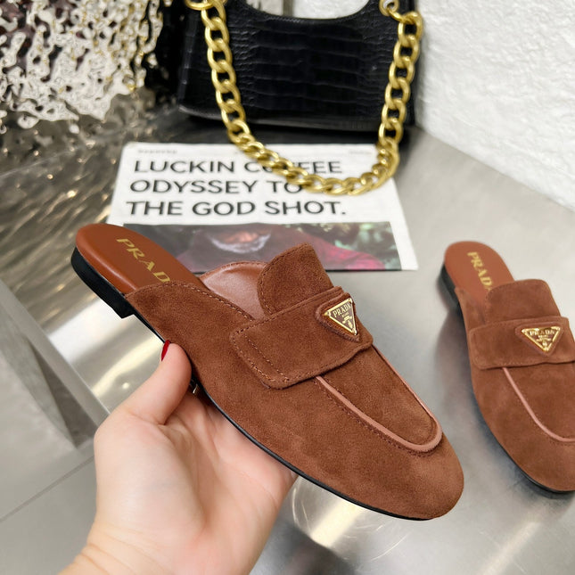 PRADA 26S MULE LOAFERS IN CHOCOLATE BROWN SUEDE WITH LOGO