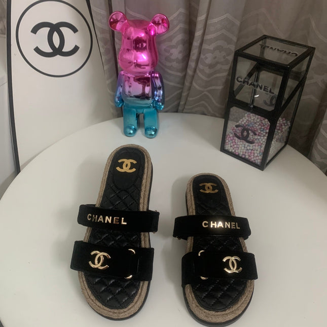 CHANEL 26S SLIDE SANDALS IN BLACK VELVET AND CALFSKIN WITH ROPE SOLE GOLD HARDWARE