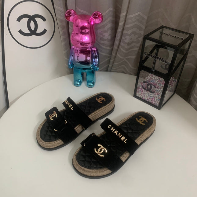 CHANEL 26S SLIDE SANDALS IN BLACK VELVET AND CALFSKIN WITH ROPE SOLE GOLD HARDWARE