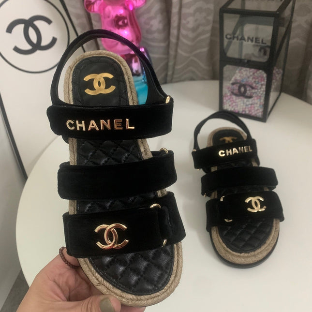 CHANEL 26S STRAPPY SANDALS IN BLACK VELVET WITH ROPE SOLE GOLD HARDWARE
