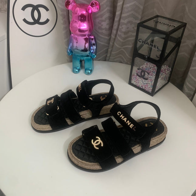 CHANEL 26S STRAPPY SANDALS IN BLACK VELVET WITH ROPE SOLE GOLD HARDWARE