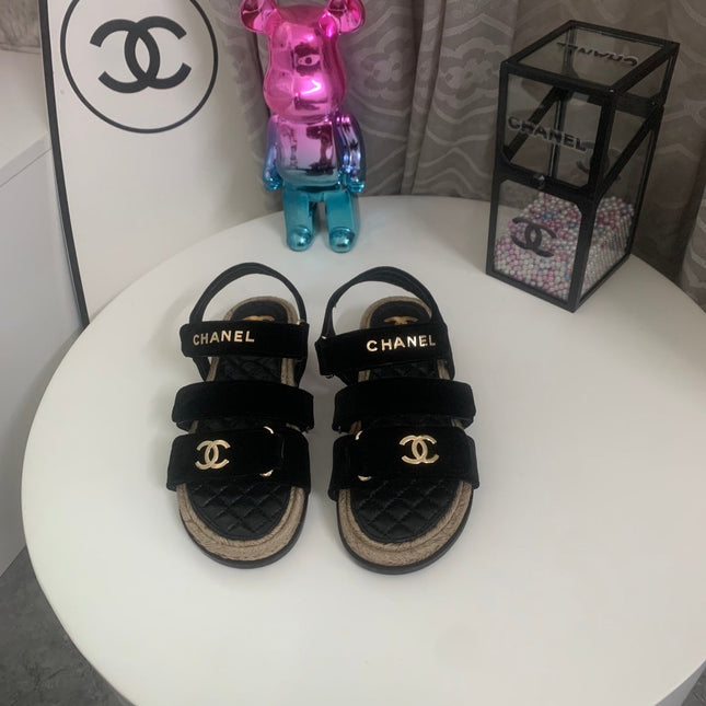 CHANEL 26S STRAPPY SANDALS IN BLACK VELVET WITH ROPE SOLE GOLD HARDWARE