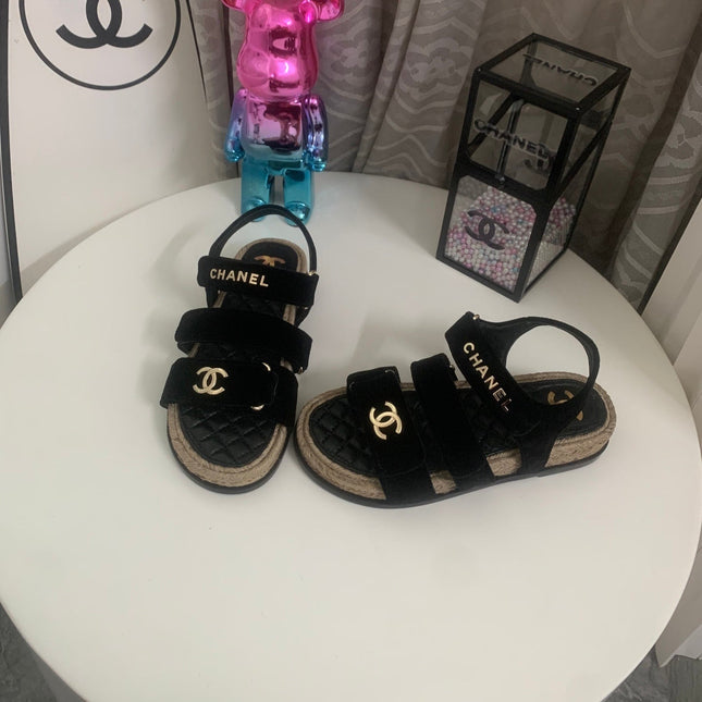 CHANEL 26S STRAPPY SANDALS IN BLACK VELVET WITH ROPE SOLE GOLD HARDWARE