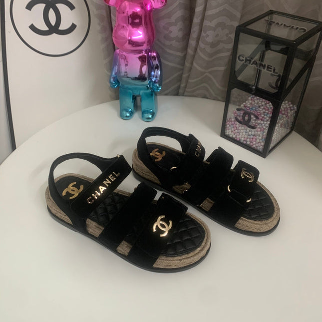 CHANEL 26S STRAPPY SANDALS IN BLACK VELVET WITH ROPE SOLE GOLD HARDWARE