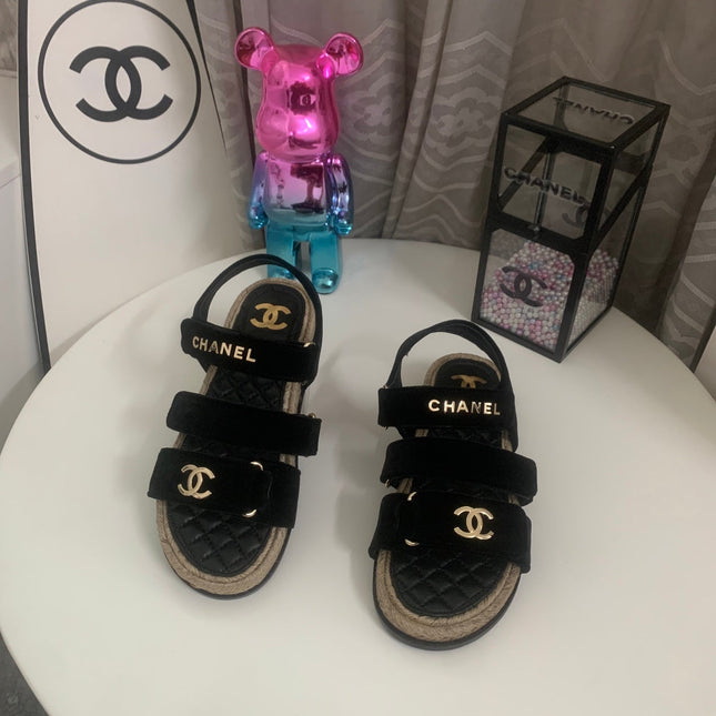 CHANEL 26S STRAPPY SANDALS IN BLACK VELVET WITH ROPE SOLE GOLD HARDWARE