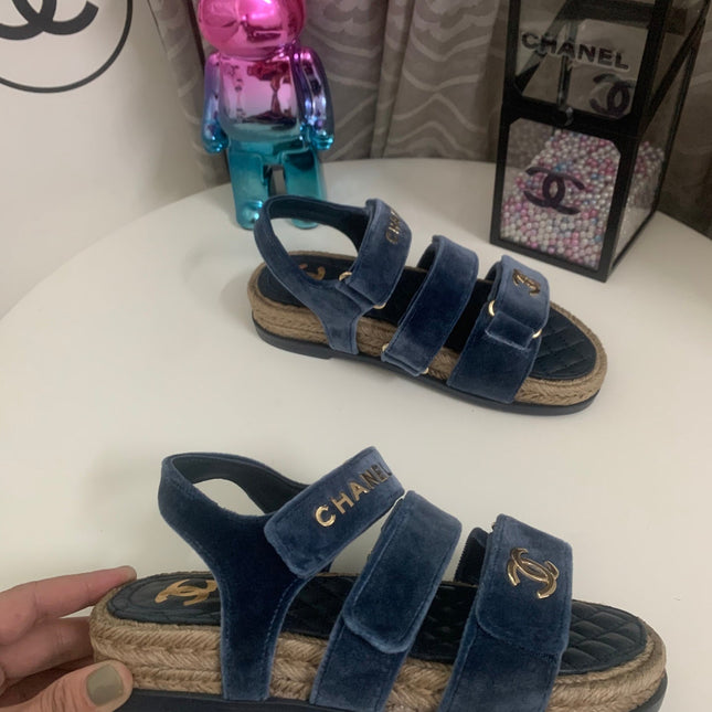 CHANEL 26S STRAPPY SANDALS IN NAVY BLUE VELVET WITH ROPE SOLE GOLD HARDWARE