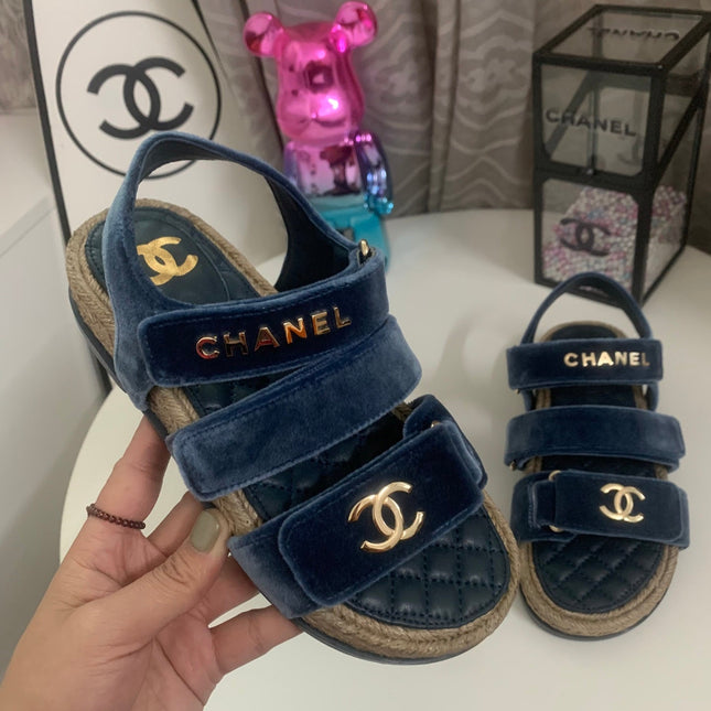 CHANEL 26S STRAPPY SANDALS IN NAVY BLUE VELVET WITH ROPE SOLE GOLD HARDWARE