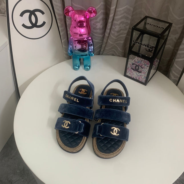 CHANEL 26S STRAPPY SANDALS IN NAVY BLUE VELVET WITH ROPE SOLE GOLD HARDWARE
