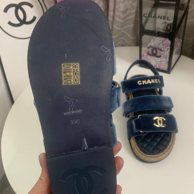 CHANEL 26S STRAPPY SANDALS IN NAVY BLUE VELVET WITH ROPE SOLE GOLD HARDWARE
