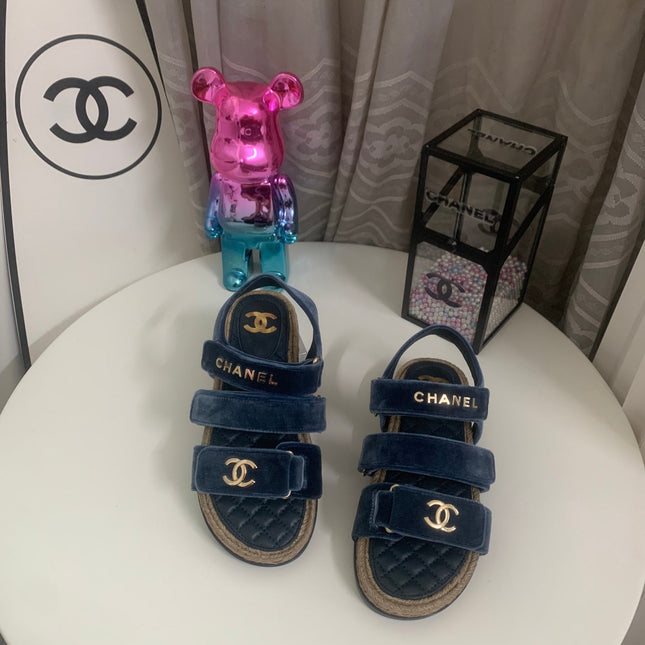 CHANEL 26S STRAPPY SANDALS IN NAVY BLUE VELVET WITH ROPE SOLE GOLD HARDWARE