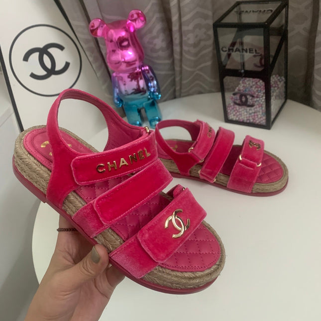 CHANEL 26S STRAPPY SANDALS IN PINK VELVET WITH ROPE SOLE GOLD HARDWARE