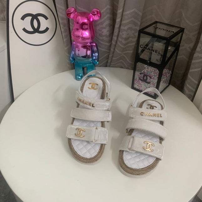 CHANEL 26S STRAPPY SANDALS IN WHITE VELVET WITH ROPE SOLE GOLD HARDWARE