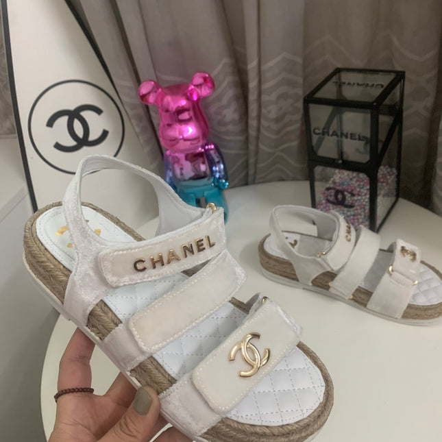 CHANEL 26S STRAPPY SANDALS IN WHITE VELVET WITH ROPE SOLE GOLD HARDWARE
