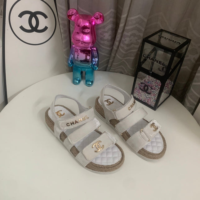 CHANEL 26S STRAPPY SANDALS IN WHITE VELVET WITH ROPE SOLE GOLD HARDWARE