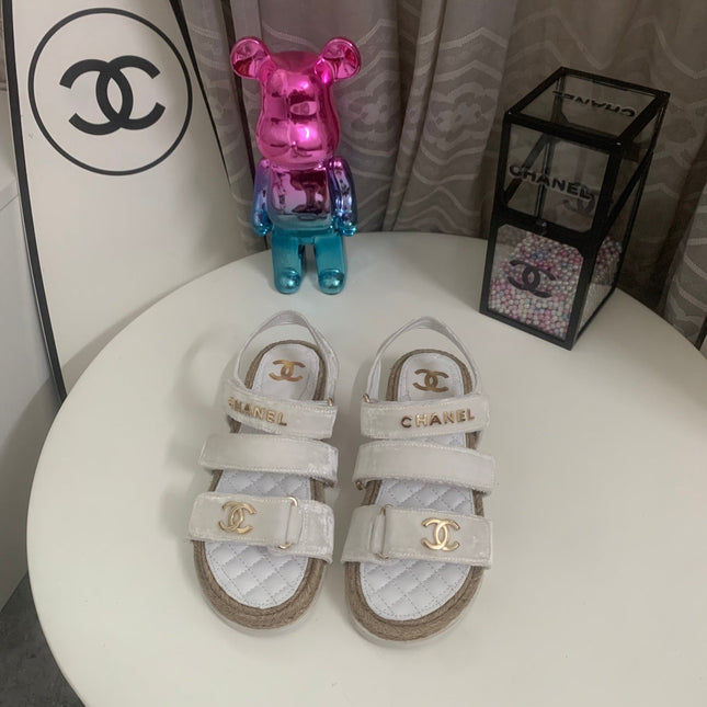 CHANEL 26S STRAPPY SANDALS IN WHITE VELVET WITH ROPE SOLE GOLD HARDWARE