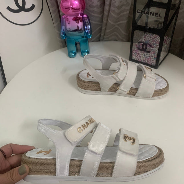 CHANEL 26S STRAPPY SANDALS IN WHITE VELVET WITH ROPE SOLE GOLD HARDWARE