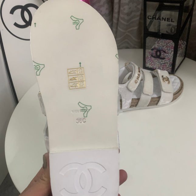 CHANEL 26S STRAPPY SANDALS IN WHITE VELVET WITH ROPE SOLE GOLD HARDWARE