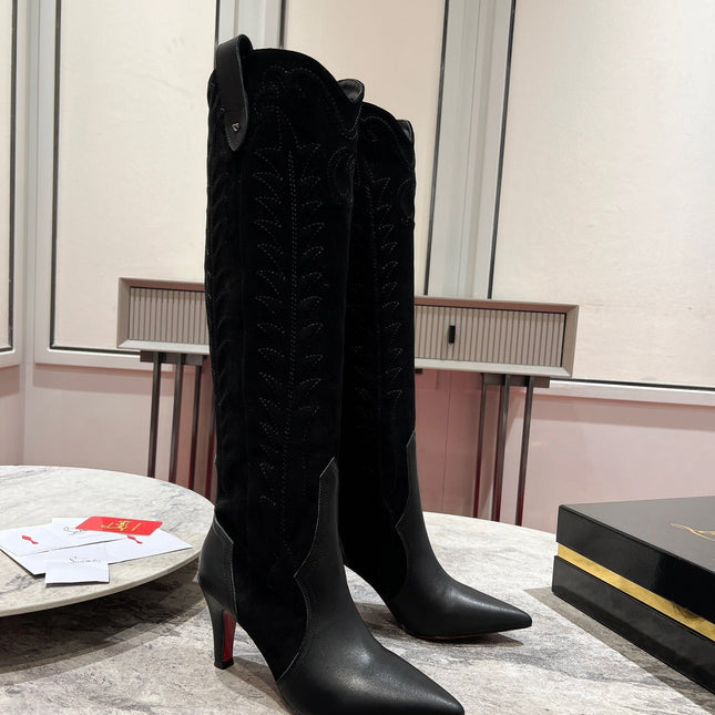 CHRISTIAN LOUBOUTIN SANTIA BOTTA 85MM BOOT IN BLACK CALFSKIN AND SUEDE