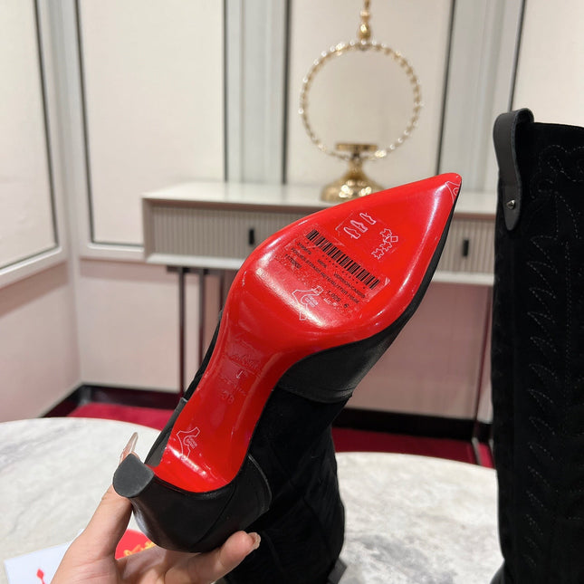 CHRISTIAN LOUBOUTIN SANTIA BOTTA 85MM BOOT IN BLACK CALFSKIN AND SUEDE