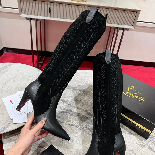 CHRISTIAN LOUBOUTIN SANTIA BOTTA 85MM BOOT IN BLACK CALFSKIN AND SUEDE