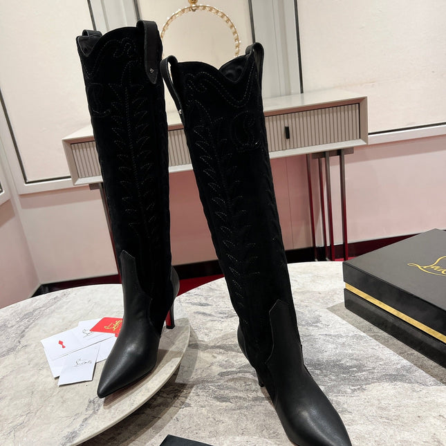CHRISTIAN LOUBOUTIN SANTIA BOTTA 85MM BOOT IN BLACK CALFSKIN AND SUEDE