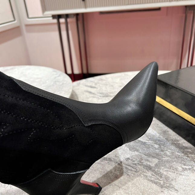 CHRISTIAN LOUBOUTIN SANTIA BOTTA 85MM BOOT IN BLACK CALFSKIN AND SUEDE