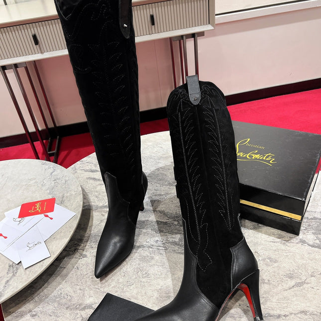 CHRISTIAN LOUBOUTIN SANTIA BOTTA 85MM BOOT IN BLACK CALFSKIN AND SUEDE